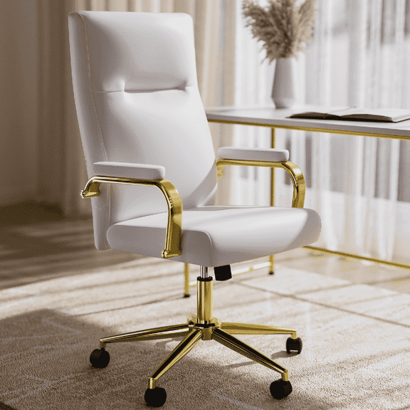 Solfway White and Gold Office Chair Memory Foam, White Leather Computer Desk Chairs with Wheels and Arms, High Back Executive Office Chair for Girl and Women