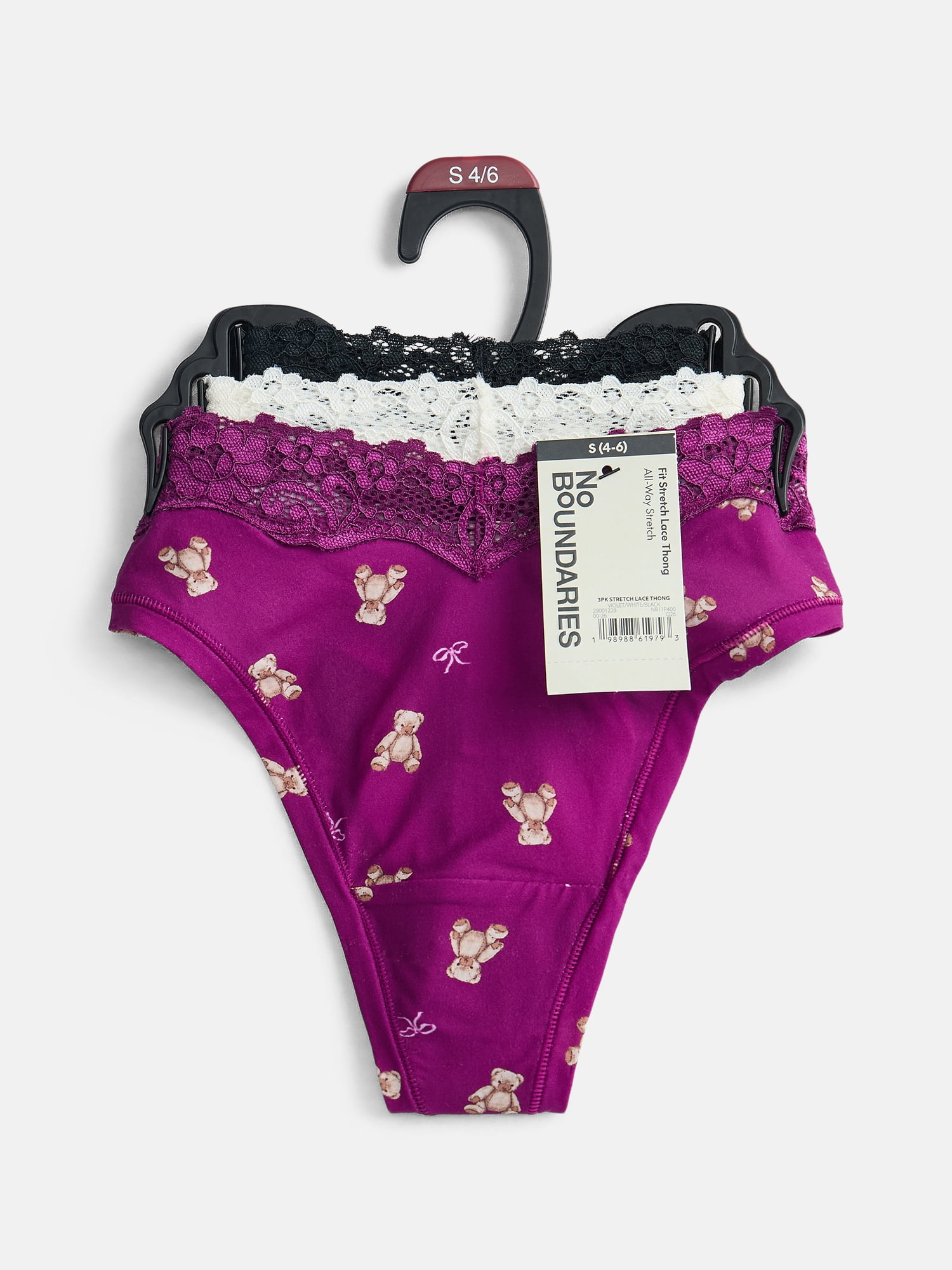 No Boundaries Fit Stretch Lace Thong Panties, 3-Pack, Women's XS-XXXL