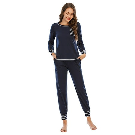 

Cindysus Women Casual Top And Pant Nightwear Suit Ladies Loose Sleepwear Outfits With Pockets Pjs Sleep Comfy Navy Blue XXL