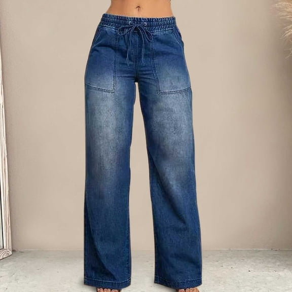 CIAKGIAF Womens Jeans Casual Drawstring Multi-Pocket Elastic Waist Straight Leg Jeans Dark Blue L
