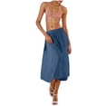 thumbnail image 6 of Ndbuld Skirts for Women Regular and Plus Size Skirt Fashion Women Solid High Waisted Midi Skirt A-Line Summer Elastic Waist Skirts Dark Blue,L, 6 of 8
