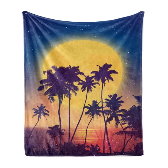Tropical Soft Flannel Fleece Blanket, Retro Style Full Moon Rise with Palm Silhouettes Romantic Magic Night at the Beach, Cozy Plush for Indoor and Outdoor Use, 60" x 80", Multicolor, by Ambesonne