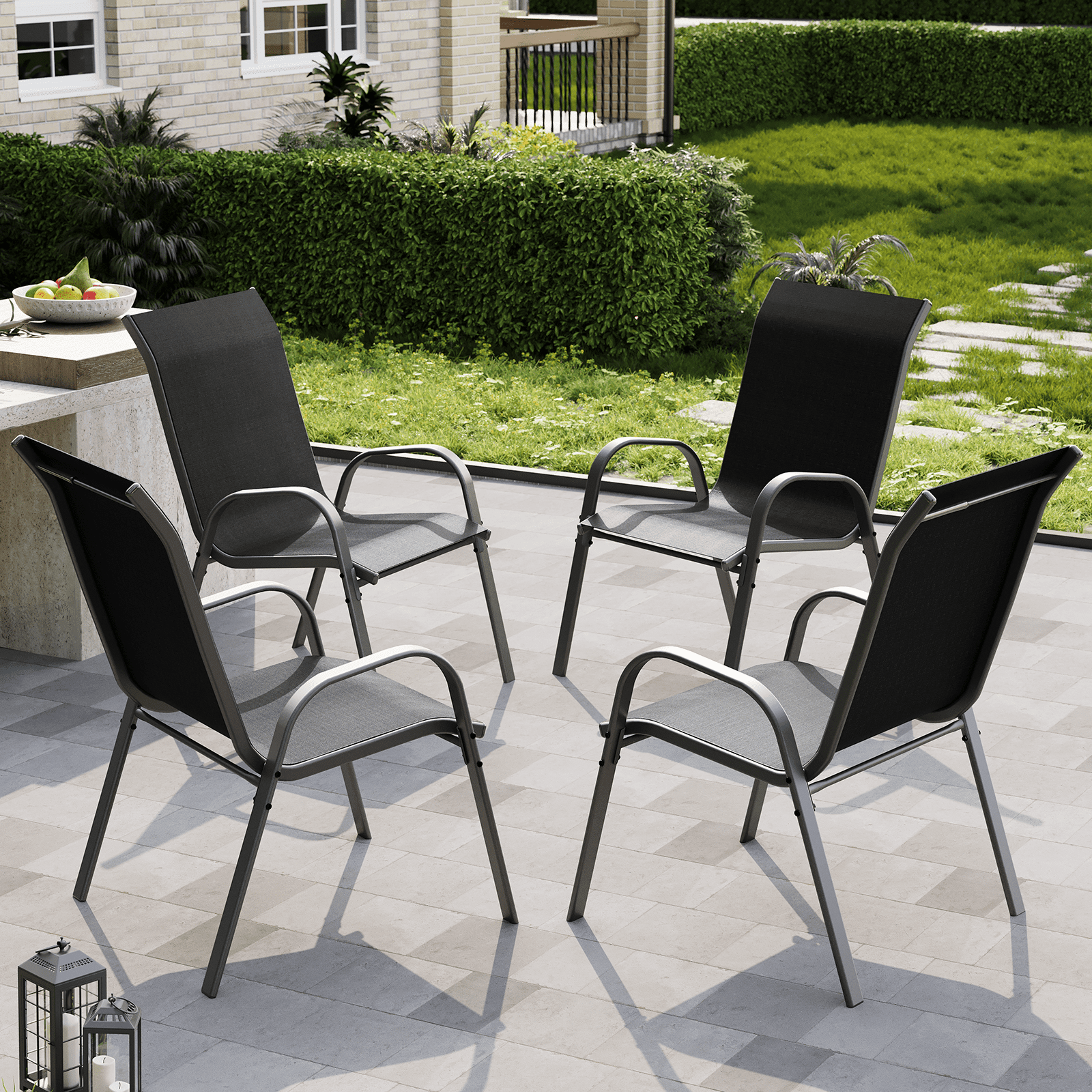 AMOPATIO Patio Chairs Set of 4, Outdoor Stackable Dining Chairs for All Weather, Breathable Garden Outdoor Furniture for Backyard Deck, Black