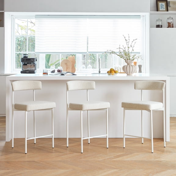 GrandNoor Beige Modern Bar Stools Set of 3, 24 Inch Counter Stools with Curved Backrest, Counter Height Bar Stools for Kitchen Island