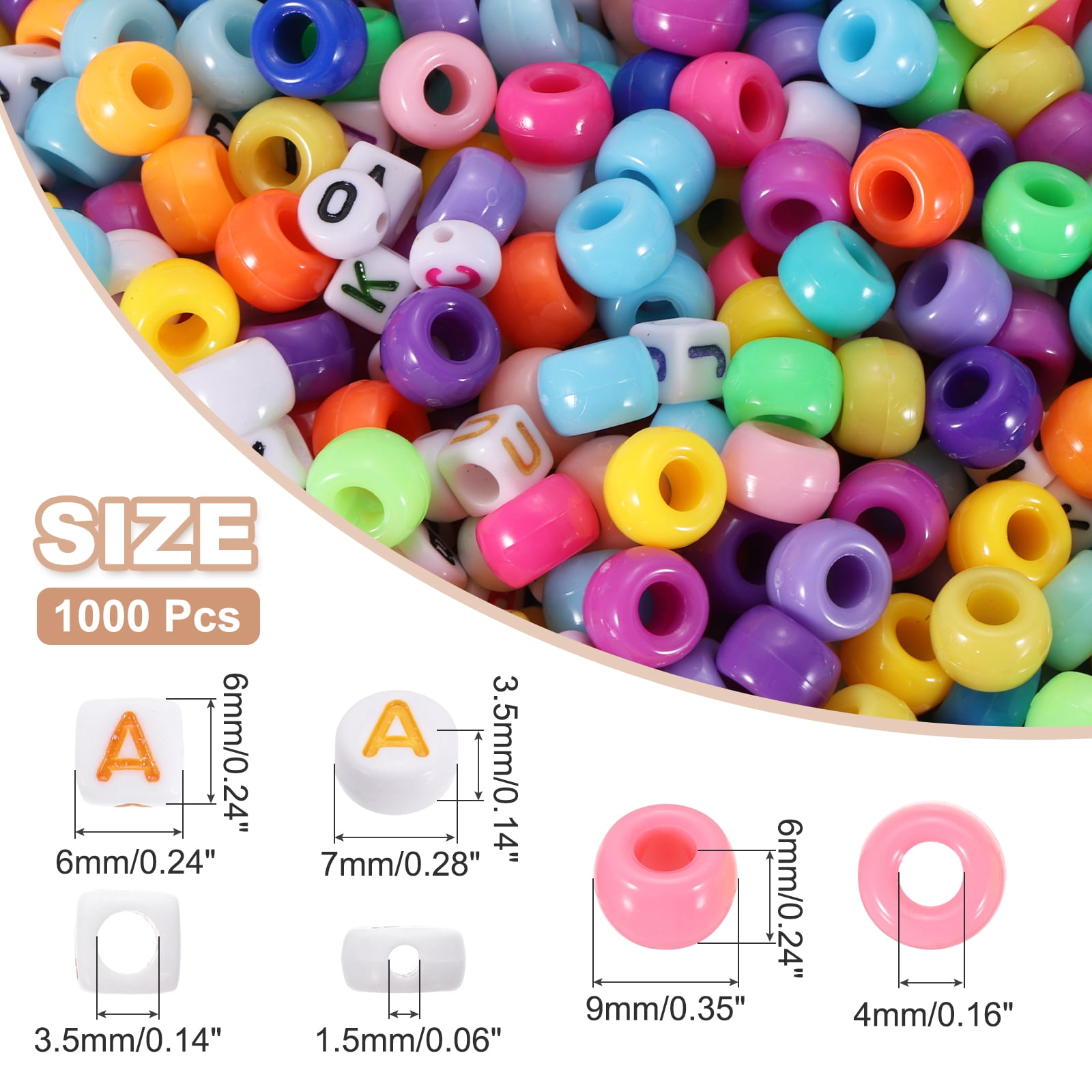 Uxcell 1000 Pcs Pony Beads 6 x 9 mm Acrylic Friendship Bracelet Making Kit with Letter Bead, Dark Multicolor