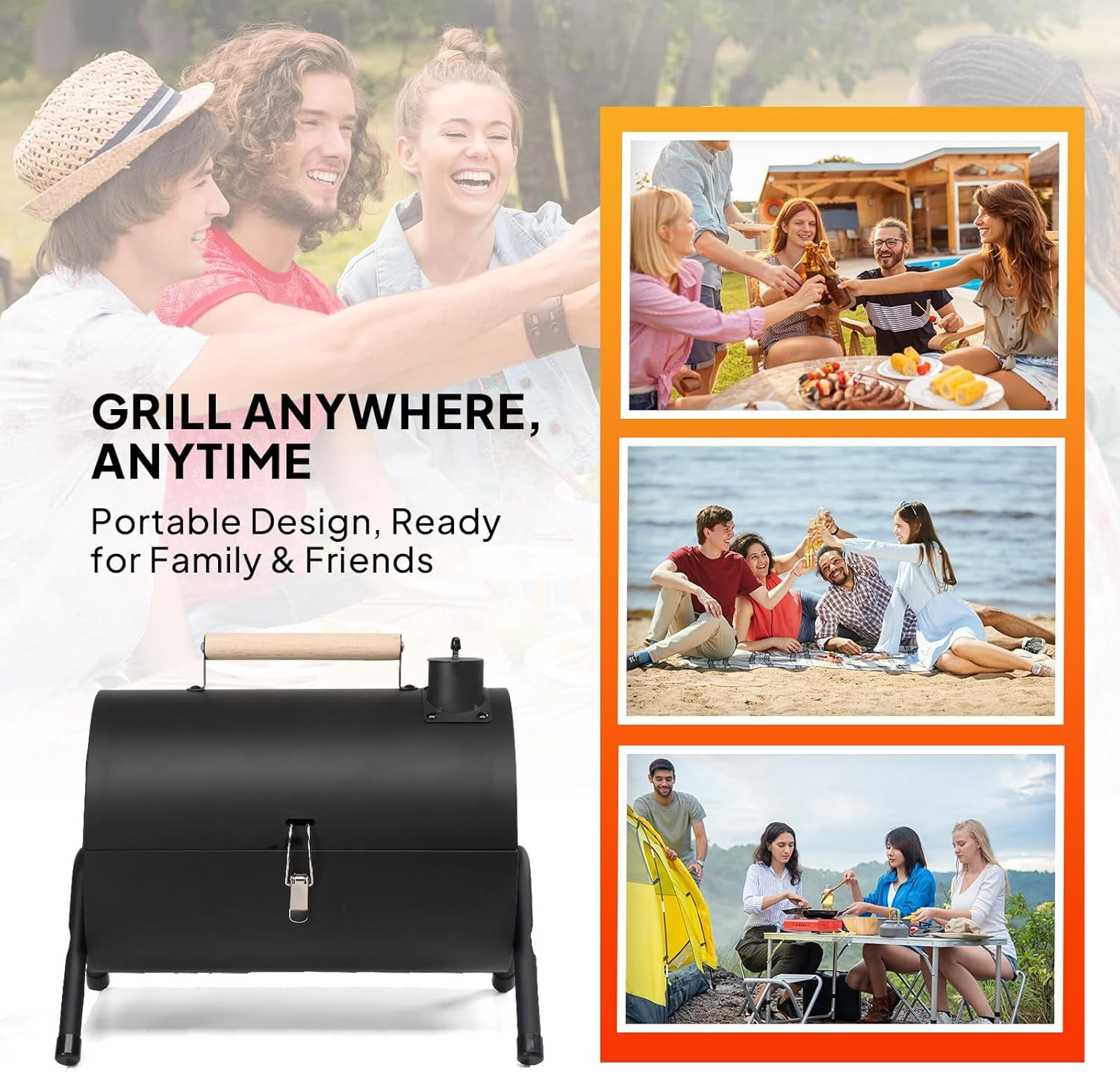 HJTER Portable Charcoal Grill with Thermometer, Dual-Sided Small Tabletop Barbecue Grill for Outdoor Camping BBQ Cooking Backyard Party, Heavy Duty, Easy Assembly (Black)