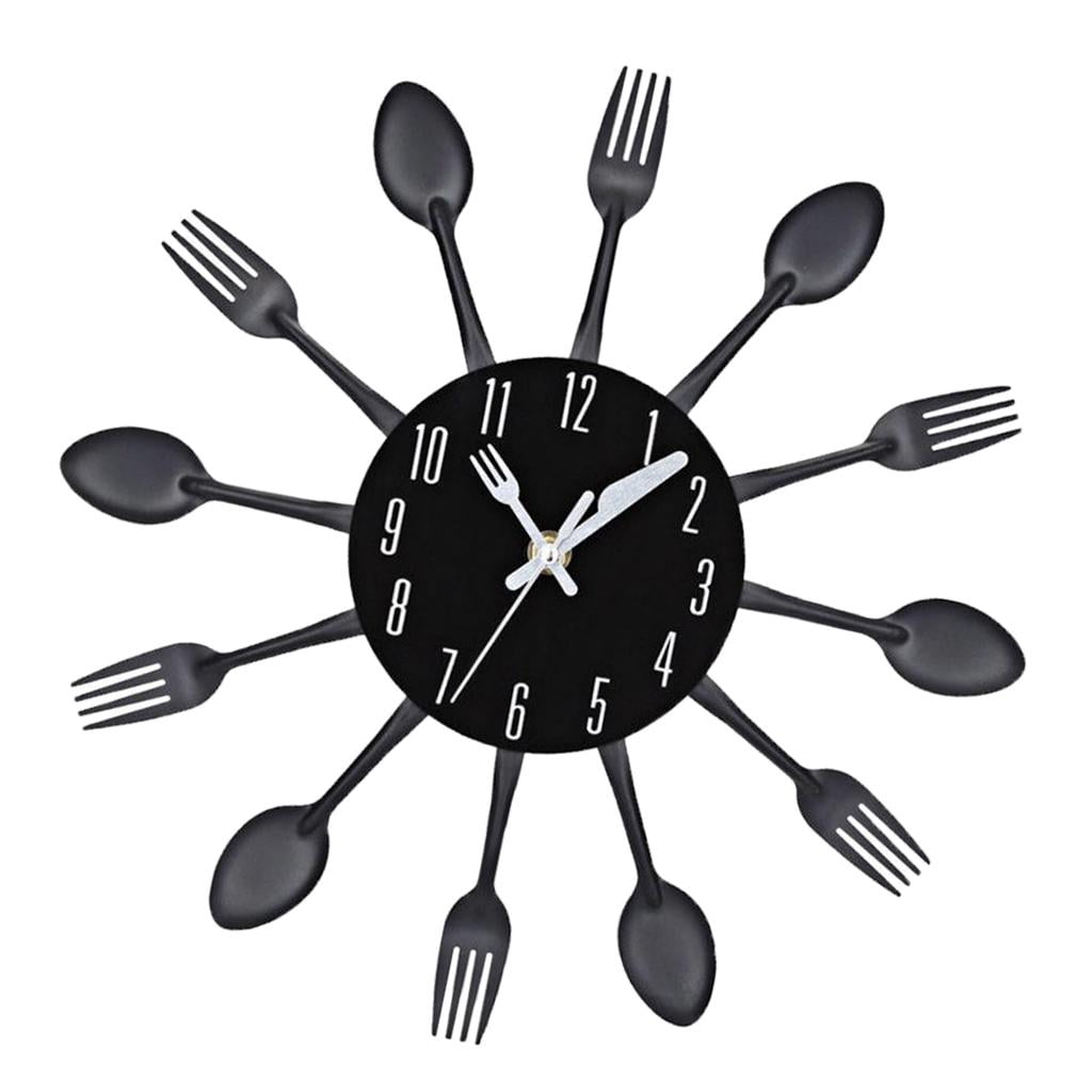Wall Clock Metal Kitchen Cutlery Utensil Creative Home Decor Wall - Black