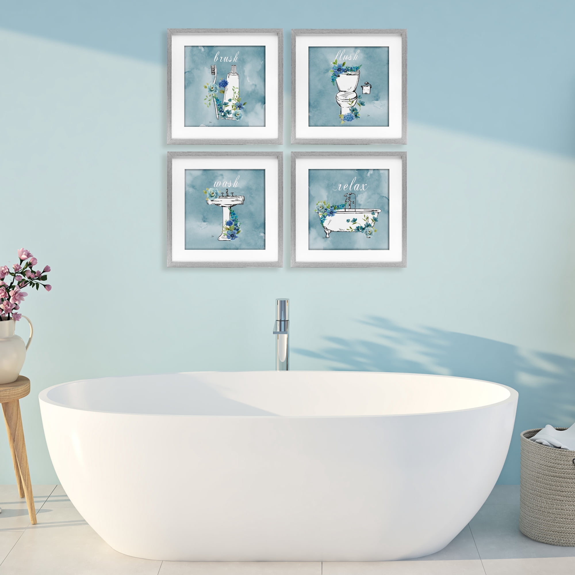 Stupell Industries Blue Floral Bathroom Rules 4 Piece Gray Framed Print Under Glass Set, design by Nan