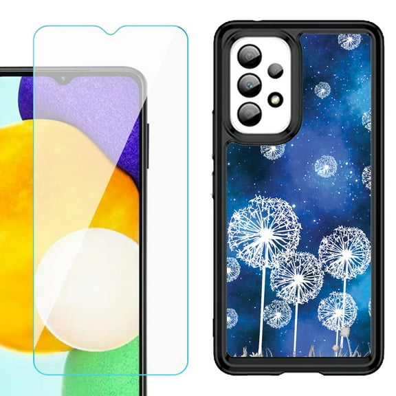 Shockproof Bumper (Black Frame) phone Case for Samsung Galaxy A23 5G, with Tempered Glass Screen Protector, by OneToughShield ® - Dandelion Stars