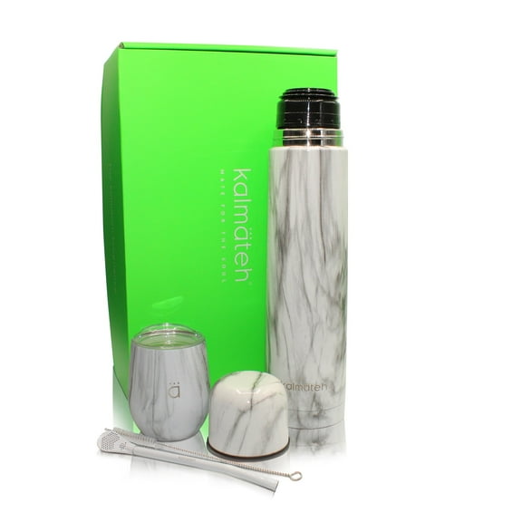 KALMATEH Yerba Mate Set- Includes Yerba Mate Gourd, Vacuum Insulated Thermos 1000ml, Bombilla Straw and Cleaning Brush (Marble)