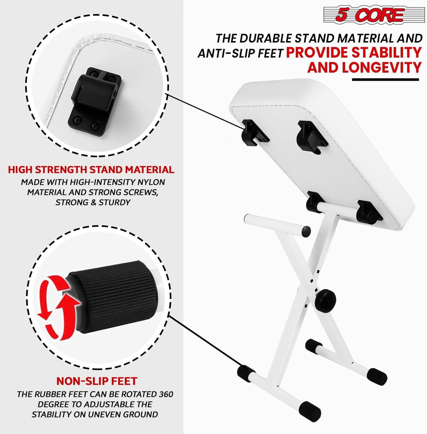 5Core Keyboard Stand Double X Style Adjustable Piano Riser + Keyboard Piano Bench WHITE