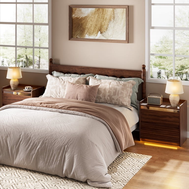 Satifur Smart LED Nightstand, Walnut Fluted Design photo 2