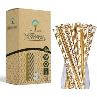 Fiesta First 10 Short Reusable Transparent Hard Plastic Drinking Straws, Chevron Gold & Black Print Design + Sturdy Cleaning Brush - for Cocktails