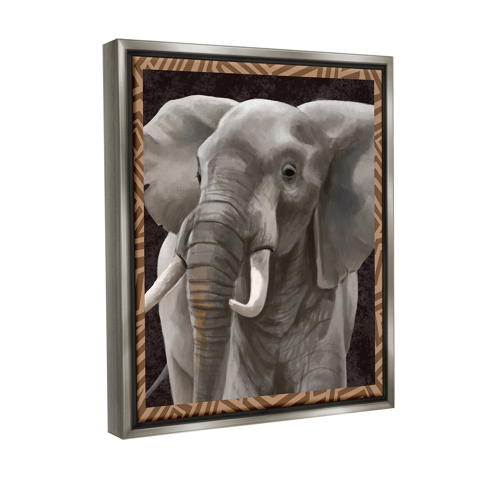 Stupell Industries Elephant with Geometric Border Animals & Insects Painting Gray Floater Framed Canvas Art Print Wall Art, 17 x 21