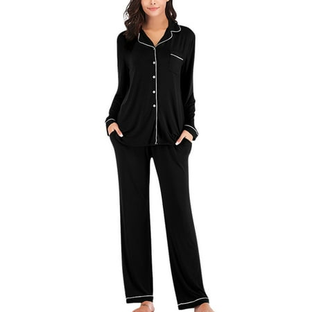 

Women s V-neck Long Sleeve Trousers Pajamas Soft Suits Black M