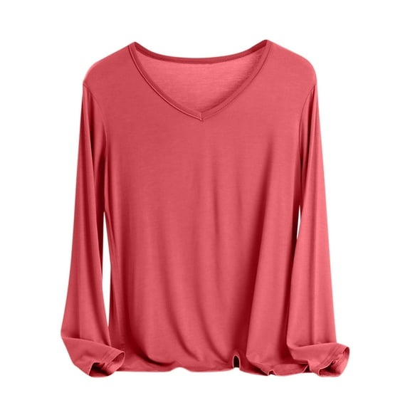 YUGYXL Sleep Shirts for Women V Neck Solid Color Lounge Pajamas Top Soft Ladies Long Sleeve Pajama Shirt Red XXL