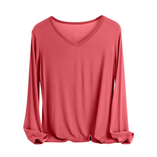 MeetoTime Women's Long Sleeve Shirts Soft Lightweight Undershirts V-Neck Slim Tees Basic Layer Pullover Tops