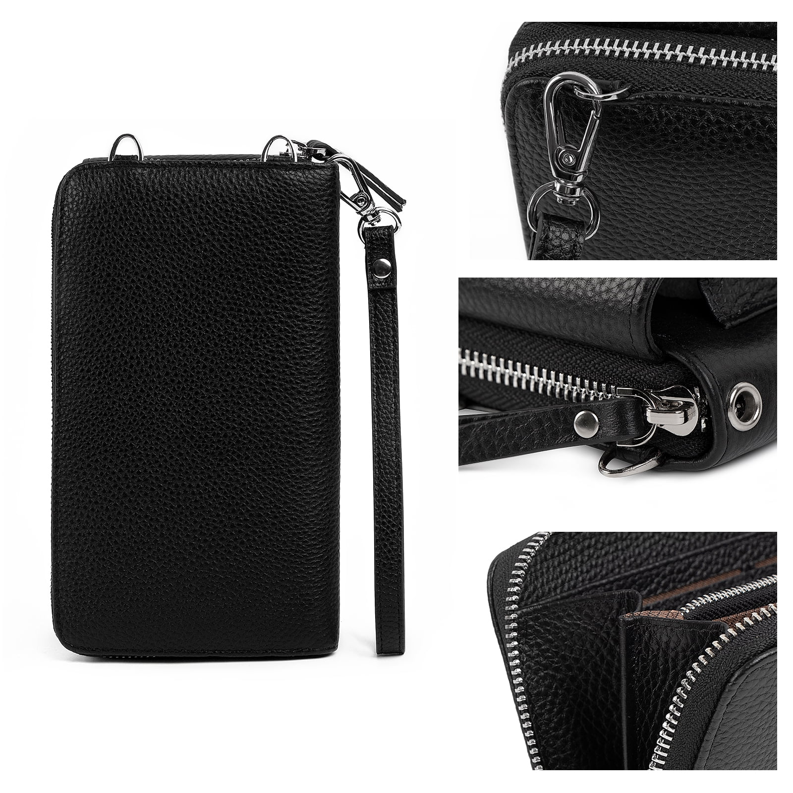 Pearl Angeli Women's Leather Mobile Phone Crossbody Cell Phone Bag RFID (Black)