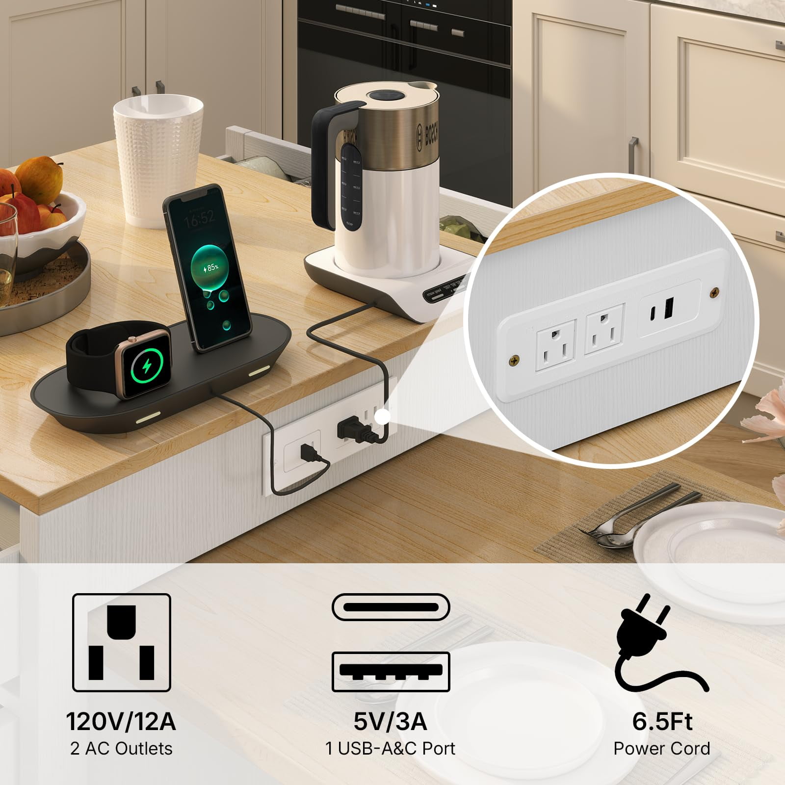ZIVACATE 82.7"L Expandable Retractable Kitchen Island for 4-6 Person, Faux Marble Top Kitchen Island with Storage Built-in Power Outlet,White