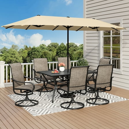 8-Piece Outdoor Patio Dining Set with 13ft Beige Umbrella, 6 Textilene Outdoor Swivel Chairs & 60" Metal Rectangle Table, Black & Brown-Gray