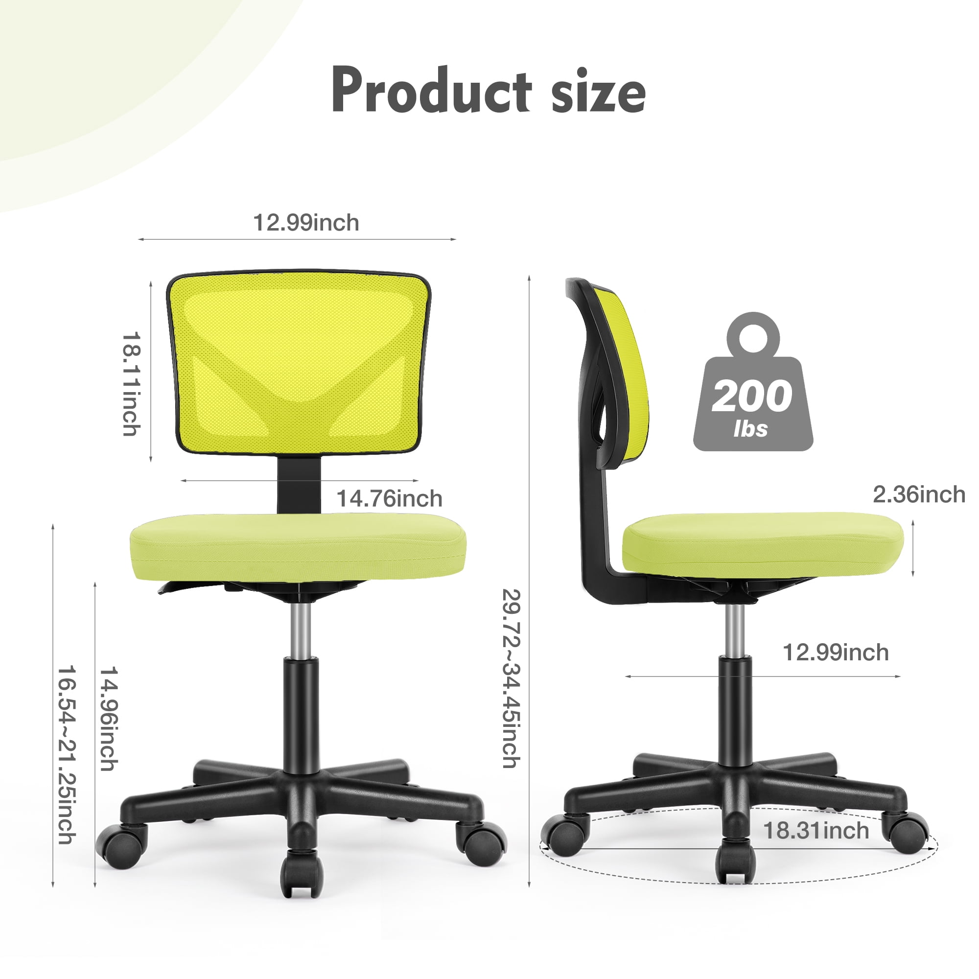 CONCETTA Mesh Office Desk Chair with Ergonomic Low-Back, Armless Design, Rolling Swivel Chair with Wheels, Green