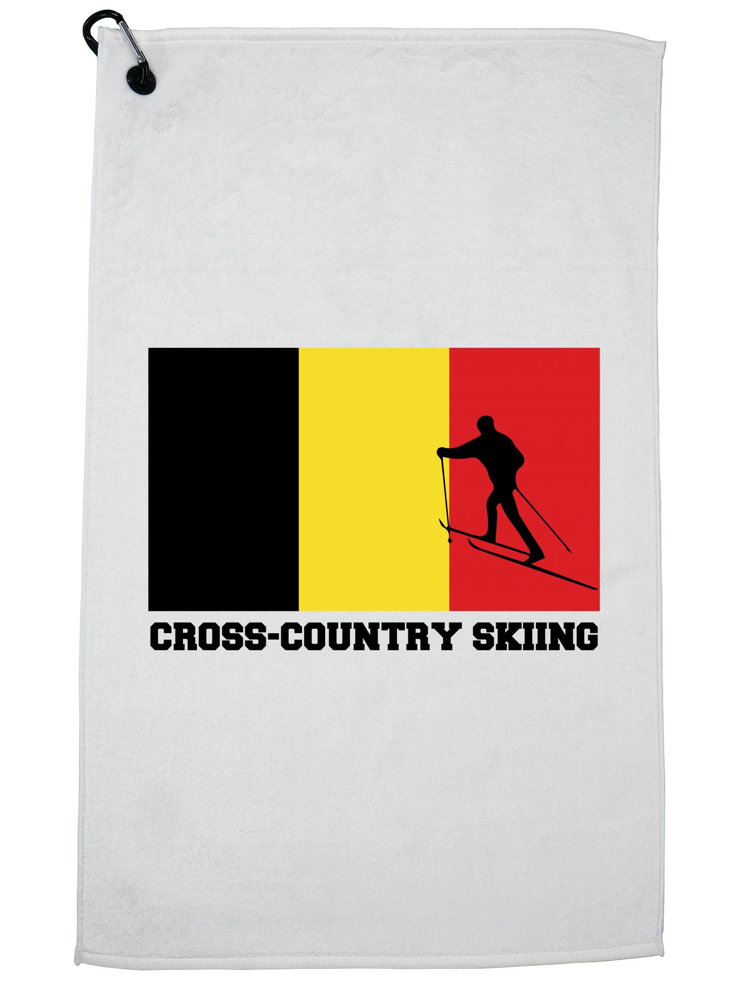 Belgium Olympic Cross-Country Skiing Flag Silhouette Golf Towel with Carabiner Clip by Hollywood Thread
