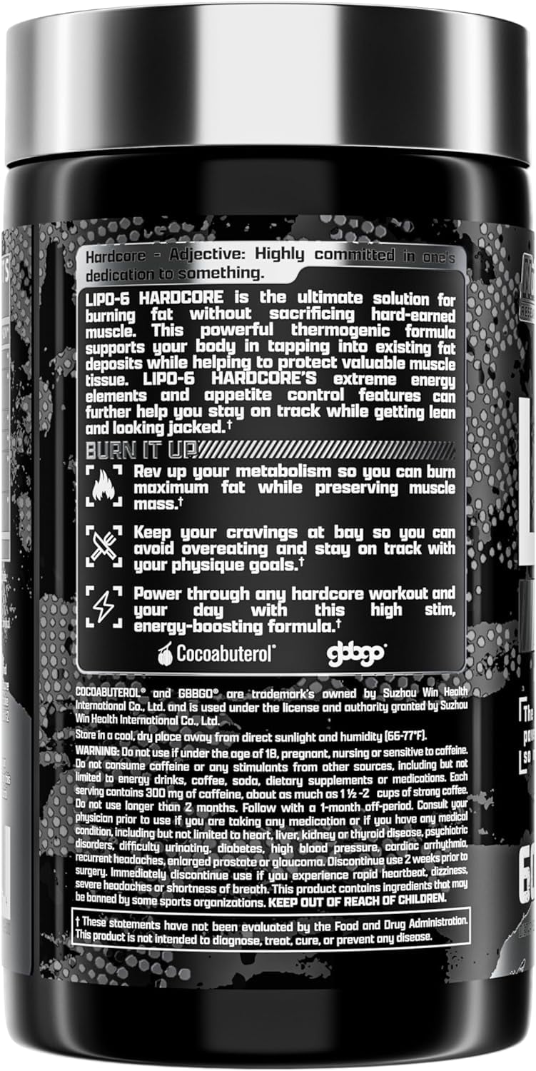 Nutrex Research Lipo-6 Hardcore Weight Loss Supplement, Appetite Suppressant, Diet Pills, Fat Burner Capsules – 60 Count