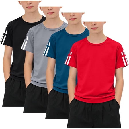 hengsof 4PC Boys Short Sleeve Crew Neck T-Shirt Stylish Quick Dry Sports Top Comfortable Versatile Shirt for Ages 3-14