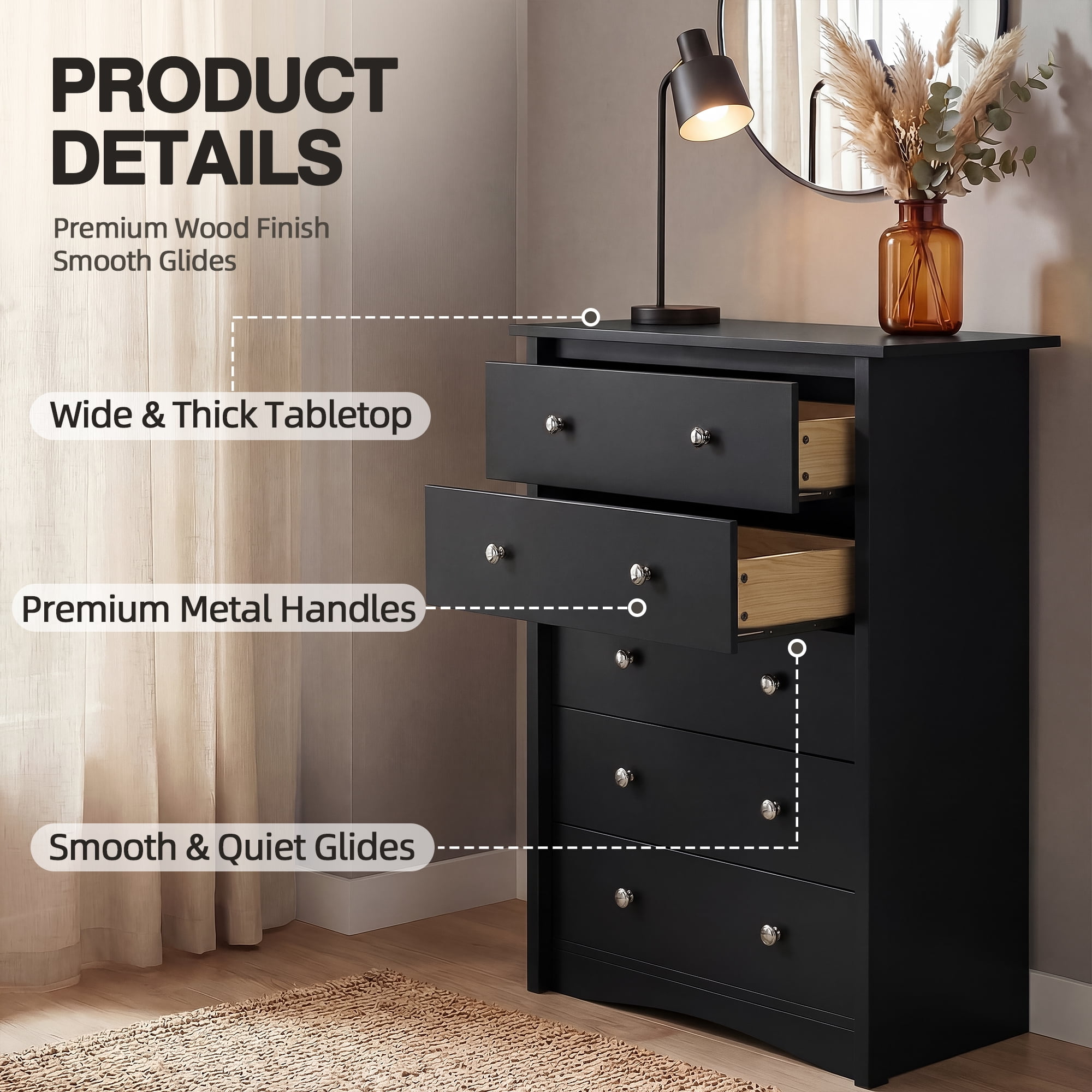 Lacoo 45'' Tall 5 Drawers Wooden Dresser for Bedroom, Modern Storage Chest of Drawers, Black