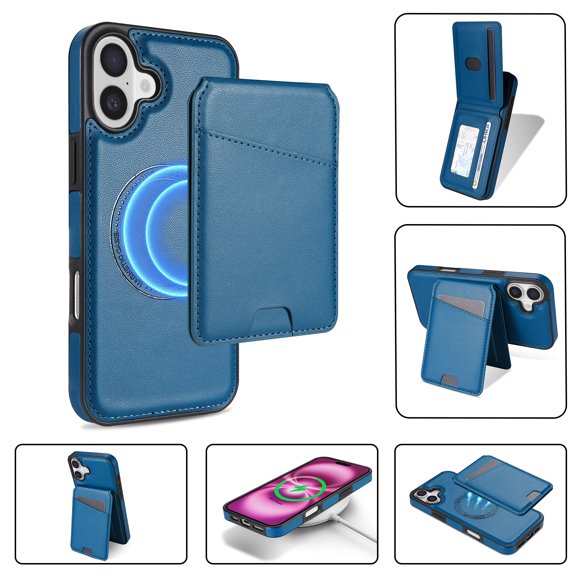 For iPhone 16 Magnetic Detachable Wallet Case,With Kickstand,Compatible With Magsafe,With Card Slots Flip PU Leather Protective Shockproof Anti-fall Thin Fit Phone Case,Blue