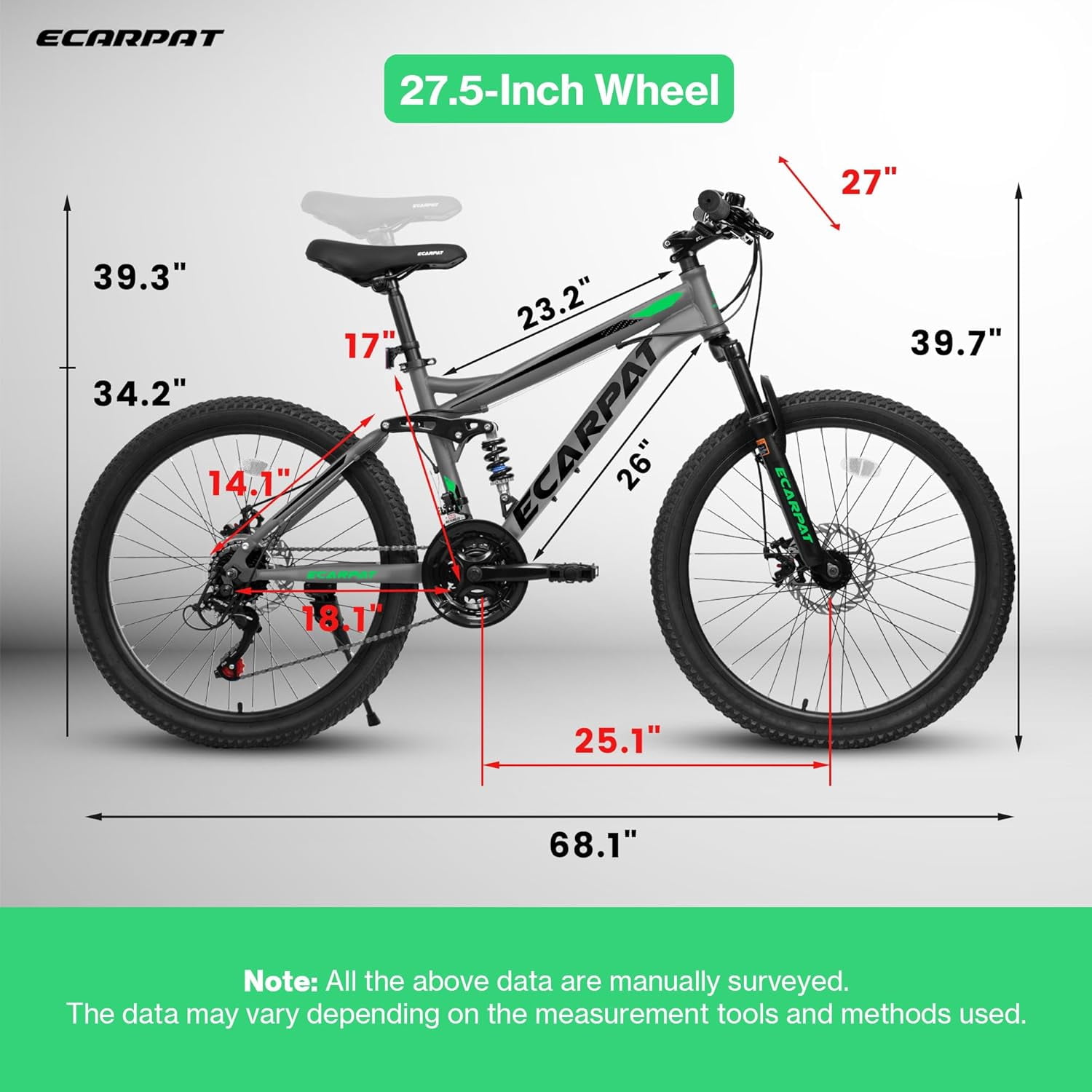 27.5" Full Suspension Mountain Bike, Dual Shock Absorbers & Disc Brakes, 21-Speed, for Adults Trail Riding