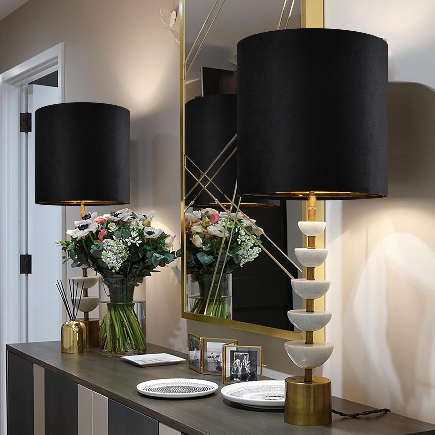 GOSO Tall Drum Velvet Black Lamp Shades Set of 2- Lampshades for Table Lamps-10 * 10 * 10 inch (Spider) Small Drum Shade-Modern Lampshade-DIY Shade-Replacement,Easy Assembly-Handcraft-Rustic