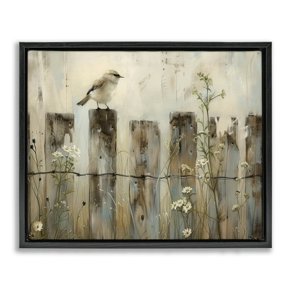 Stupell Industries Fence Perched Country Bird Animals Painting Black Floater Framed Canvas Art Print Wall Art, 21 x 17