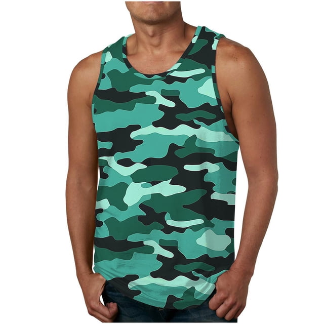 Casual Summer Tops Hombres Camuflaje Impreso Cuello Redondo sin Mangas, Poliéster Ligero para Uso Diario Y de Fiesta