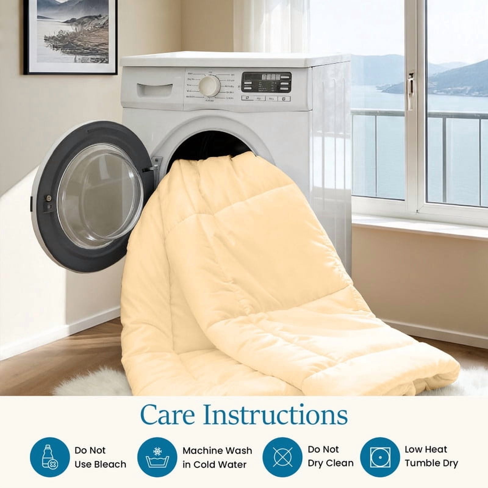 100% Cotton All-Season Comforter - Box Stitched Comforter - Bedding with Corner Tabs Machine Washable Lightweight Color Beige Solid Pattern Size Oversized Queen (98"x98")