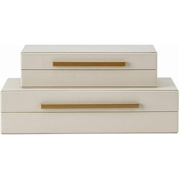 Set of 2 Beige Shagreen Decorative Storage Boxes with Gold Metal Handles  Faux Leather Jewelry & Memory Boxes, Nesting Photo Organizers for Home Decor
