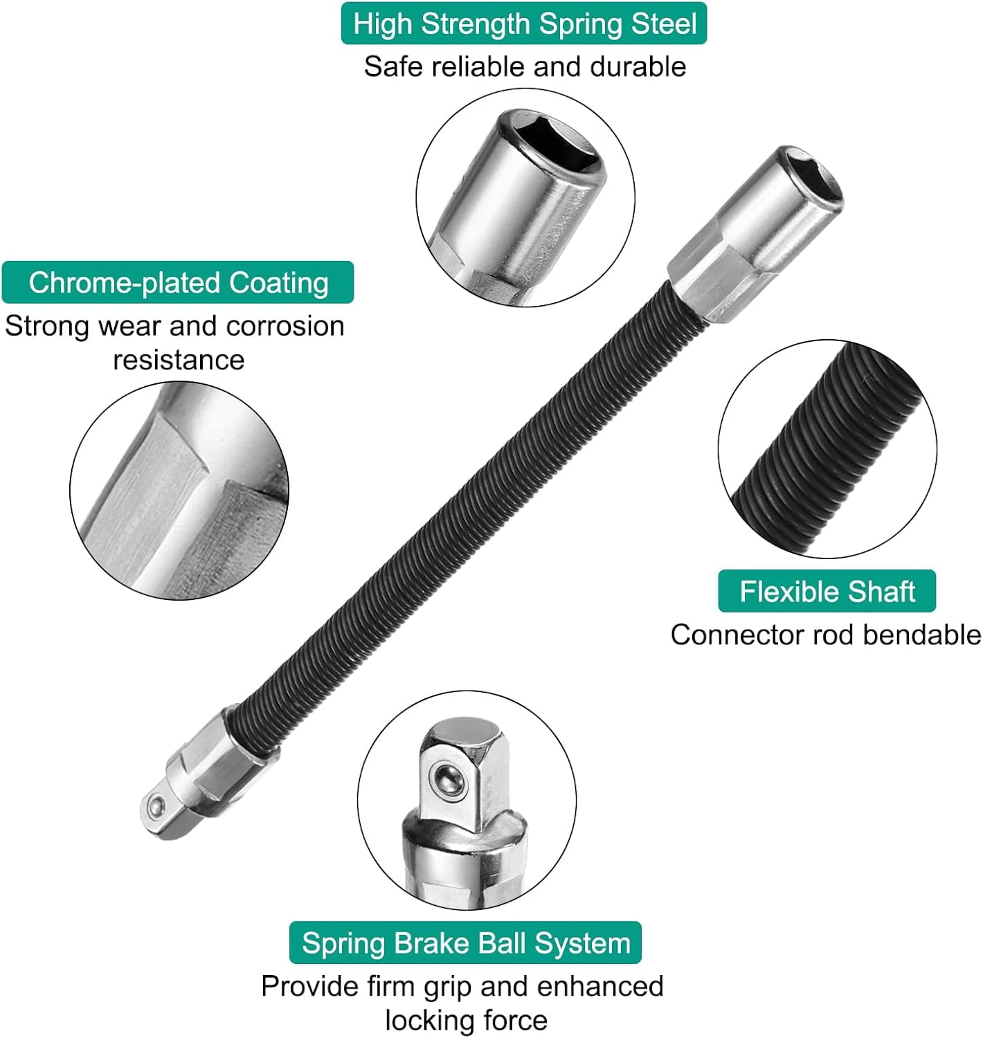 Flexible Shaft Extension & Socket Extension Bar Set, Spring Steel, Chrome Plated, Universal Joint, for Tight Spaces, 3-Piece (1/4", 3/8", 1/2")