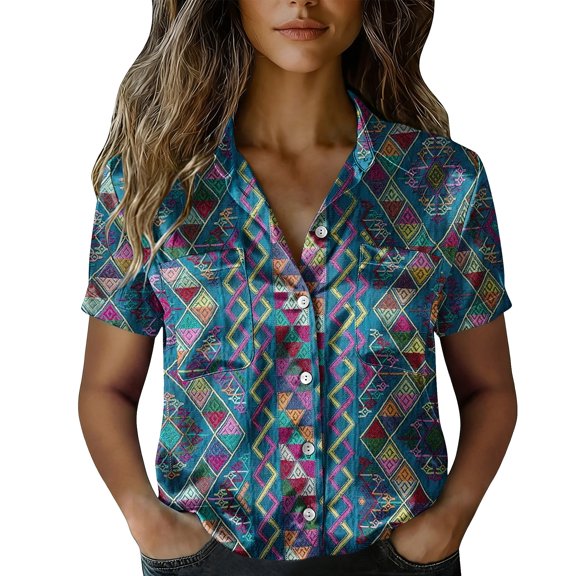 QASIEATN Women's Retro Shirt Women's Satin Printed Short Sleeved Shirt Vacation Style Shirt