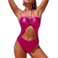 thumbnail image 2 of One Piece Bathing Suit, Ladies Swimsuits, Swim Dress Women, Women Cutout One Piece Swimsuit Metallic High Cut Halter Monokini Bathing Suit Shiny Swimwear Rave Bodysuit Outfit, Pink XXL, 2 of 6