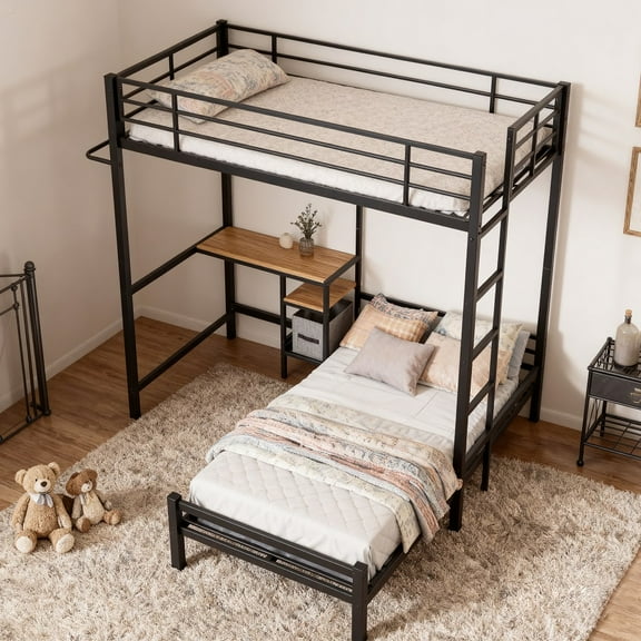 YDSM Twin Over Twin Size with Desk Station L-Shaped Metal Bunk Bed Storage Shelves and Drawers Loft Beds