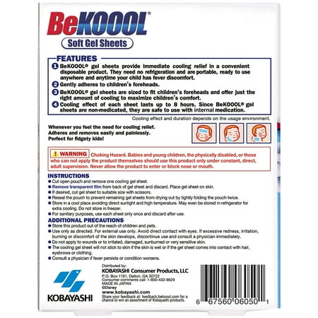 BeKoool Kids Cooling Gel Sheets Non Medicated, Fever Relief, 6 Count