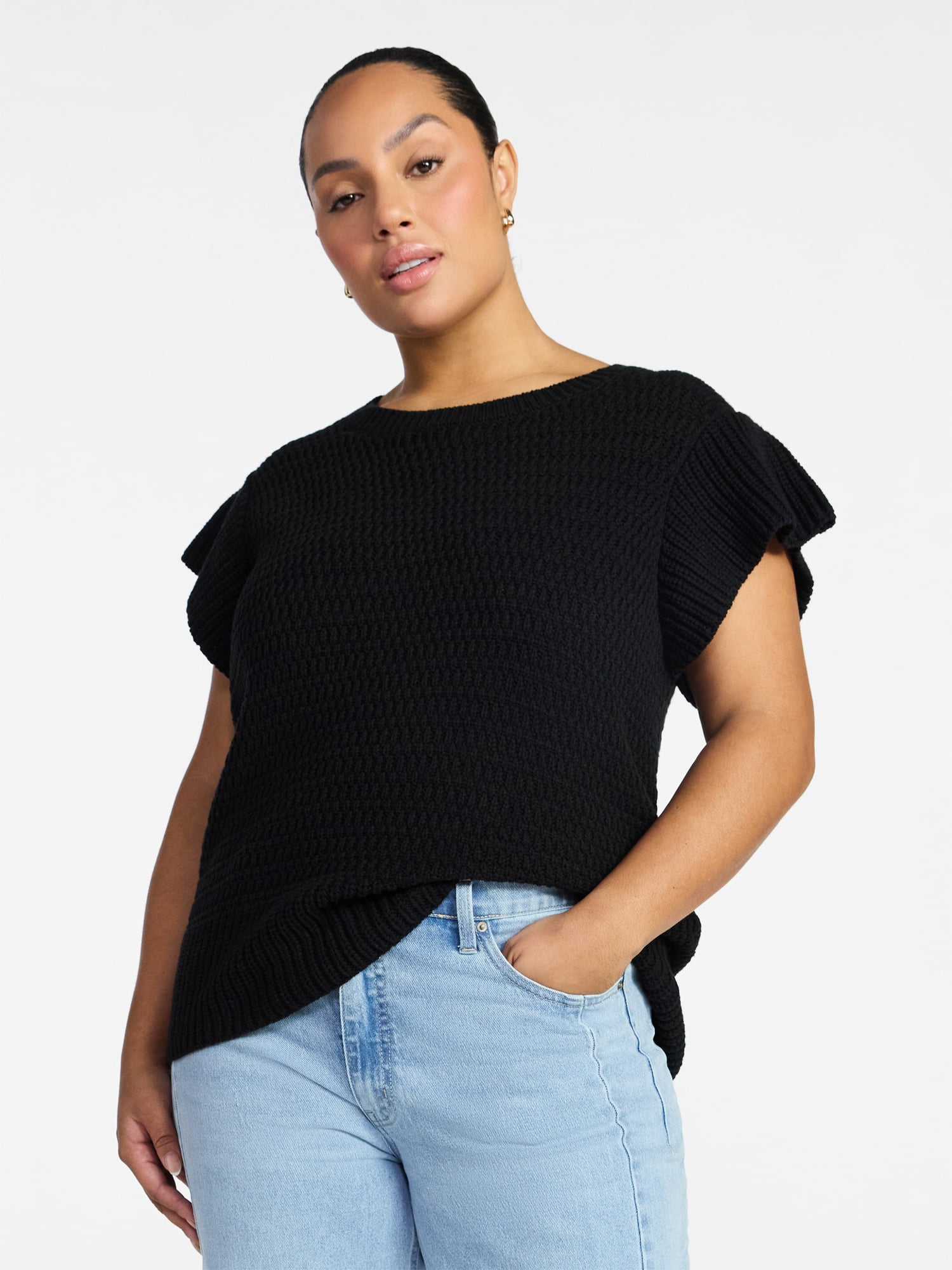 Time and Tru Women's Textured Sweater with Short Flutter Sleeves, Lightweight, Sizes XS-XXXL