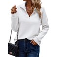 thumbnail image 2 of Women's Autumn and Winter Casual Loose Pullover Quarter Zip Design Ribbed Quilted V-Neck White M, 2 of 9