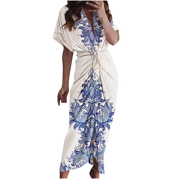 Vestido informal de media manga para mujer Vestido camisero hasta los tobillos con estampado de flores y cuello en V Pompotops ghjkhdj16169