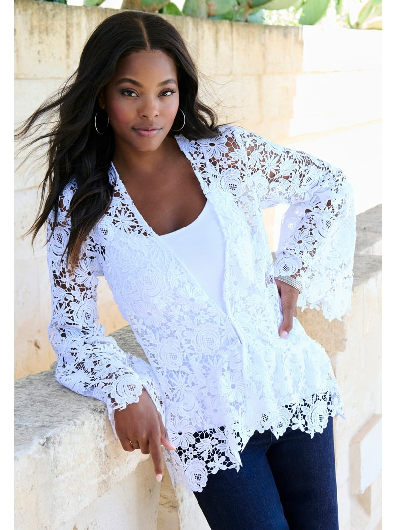 Roaman's Women's Plus Size Bell Sleeve Lace Jacket - Walmart.com
