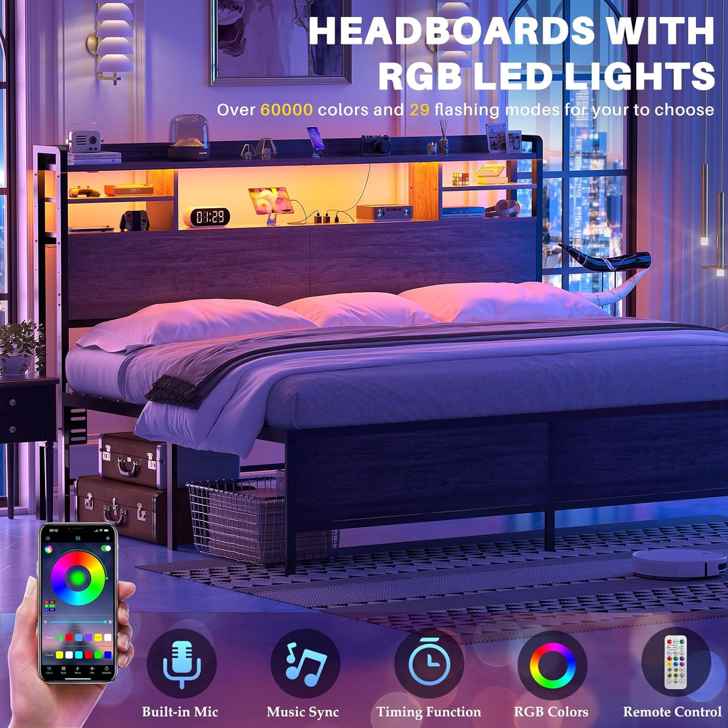 iSunirm Headboard for King Size Bed with Bookcase Storage, King Headboards with LED Light and Power Outlets, Modern King Size Head Board, for King Size Bed, 77.2'' Width, Black Oak