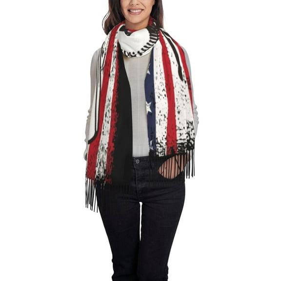 Rateoe Vintage Baseball American Flag Printed Women's Traditional Scarf Wrap Tassel Shawl Fringes Neck Head Shawl Retro Scarf