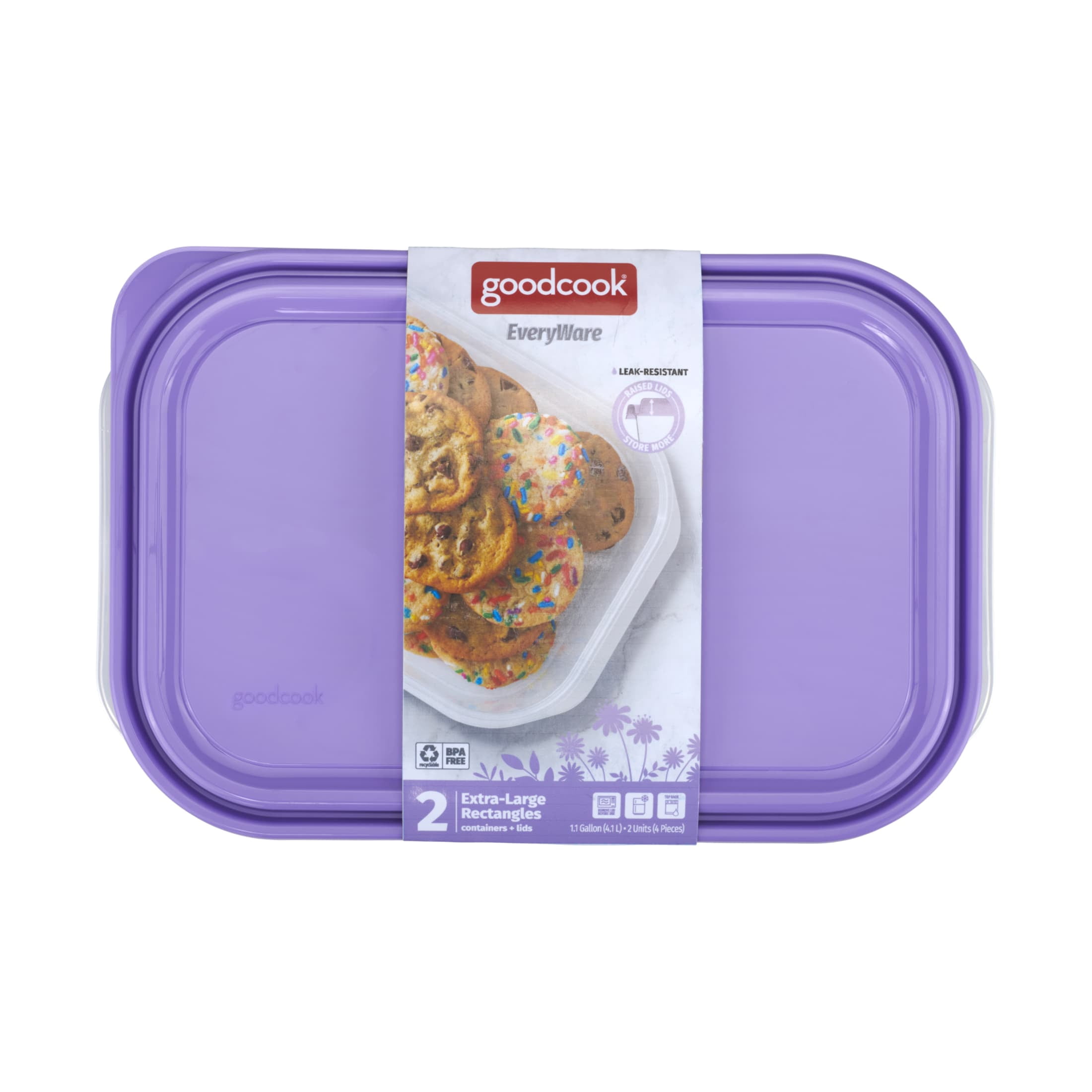 GoodCook EveryWare Extra-Large 1.1 Gallon Rectangle Food Storage Container, Set of 4, Purple, BPA Free