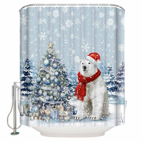 Christmas Bear Shower Curtain, 48" x 72", Xmas Tree and Gifts Snowflake Blue Waterproof Bathroom Curtain Washable Shower Curtain Set with 12 Hooks