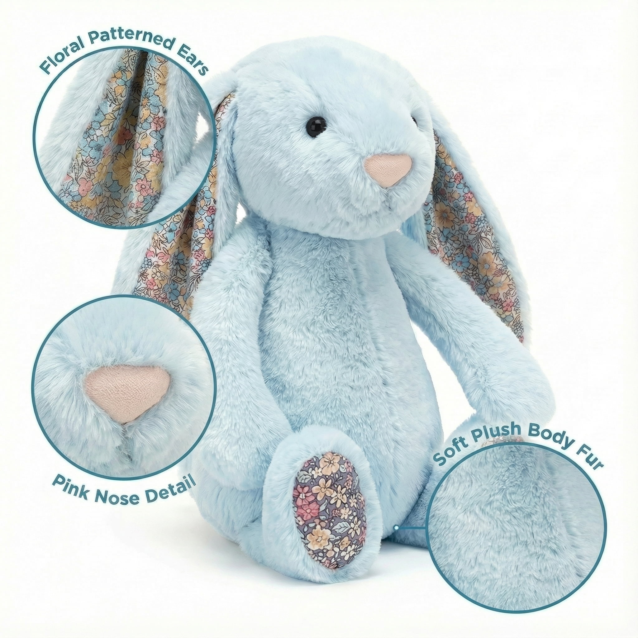 Aximioll 9.8" Sky Blue Easter Bunny Plush Toy with Flower Pattern Ears - Floral Rabbit Stuffed Animal Doll - Soft Fuzzy Vintage Cottagecore Spring Decor & Basket Stuffer Gift for Baby Boy Newborn